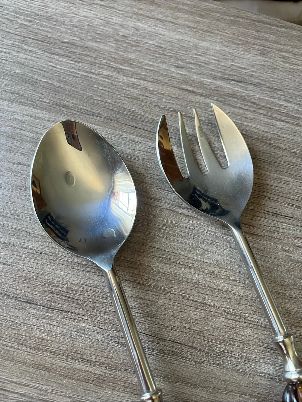 Silver-Tone Spoon and Fork Salad Server Set Amber-Colored Faceted Bead Handles